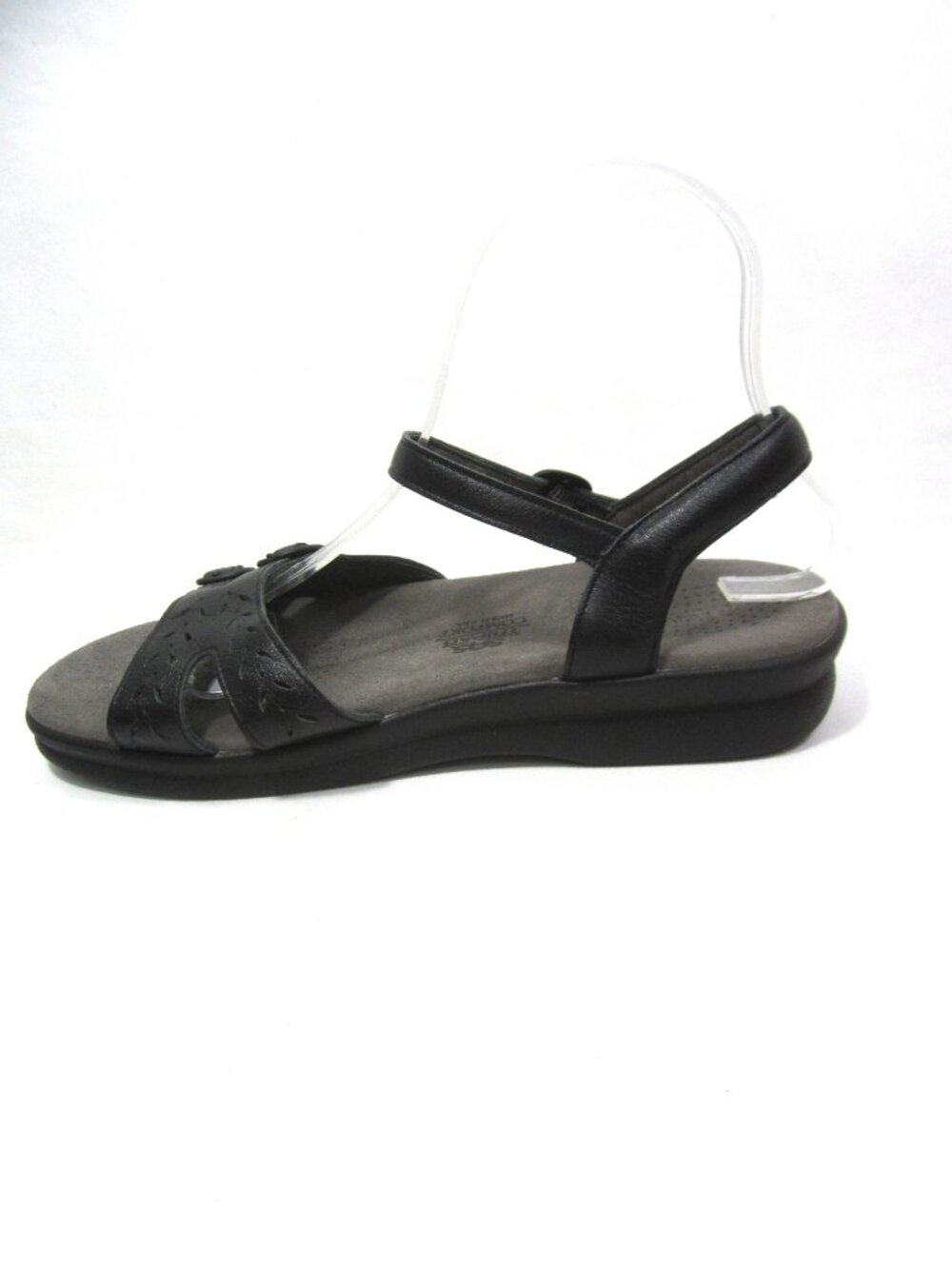 SAS Duo Women's Size 7.5W Black Wedge Sandals Leather Low Heel Buckle - Picture 3 of 8